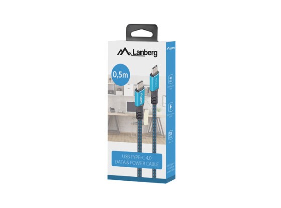 Cabo USB-C M/M USB4, 0,5 m, 100 W, 8K, 30 Hz, preto e azul, caixa LANBERG