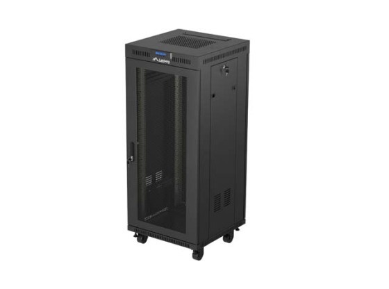 ARMÁRIO RACK DE 19" DE INSTALAÇÃO LIVRE 27U/600X600 (EMBALAGEM PLANA) COM PORTA DE REDE LCD PRETO LANBERG V2