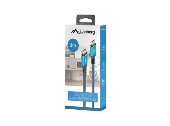 Cabo USB-C M/M USB4, 1 m, 240 W, 8K, 60 Hz, preto e azul, caixa LANBERG