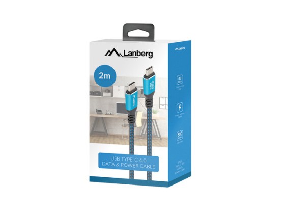 Cabo USB-C M/M USB4, 2 m, 240 W, 8K, 60 Hz, preto e azul, caixa LANBERG