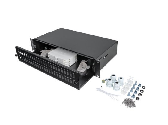 PAINEL DE LIGAÇÃO DE FIBRA ÓTICA LANBERG 19" 2U PARA MONTAGEM EM RACK 48XSC SIMPLEX/48XLC DUPLEX PRETO + ACESSÓRIOS