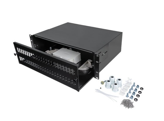 PAINEL DE LIGAÇÃO DE FIBRA ÓTICA LANBERG 19" 3U PARA MONTAGEM EM RACK 48XSC DUPLEX / 48XLC QUAD PRETO + ACESSÓRIOS