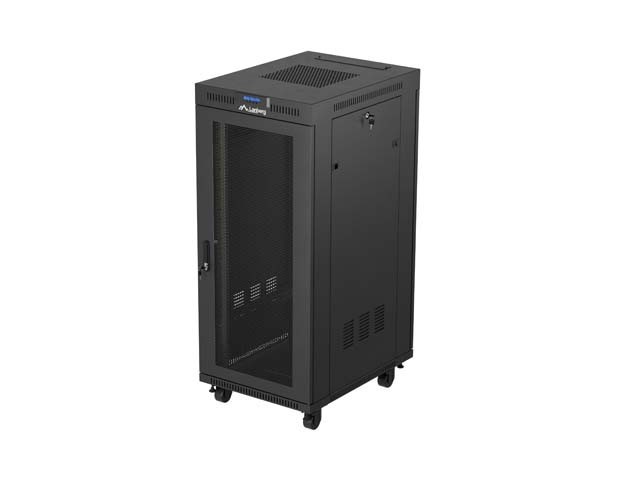 ARMÁRIO RACK DE 19" DE INSTALAÇÃO LIVRE 27U/600X800 (EMBALAGEM PLANA) COM PORTA DE REDE LCD PRETO LANBERG V2